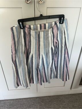 Striped A-Line Linen Blend Skirt in Blue, Red, and White